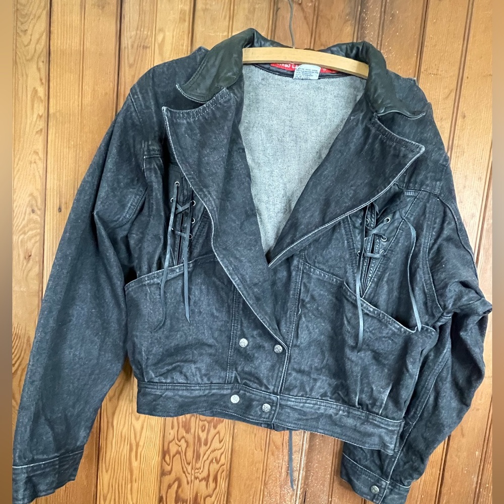 Paris Express Diffusion Women's Charcoal Denim Jacket Lace-Up 80s